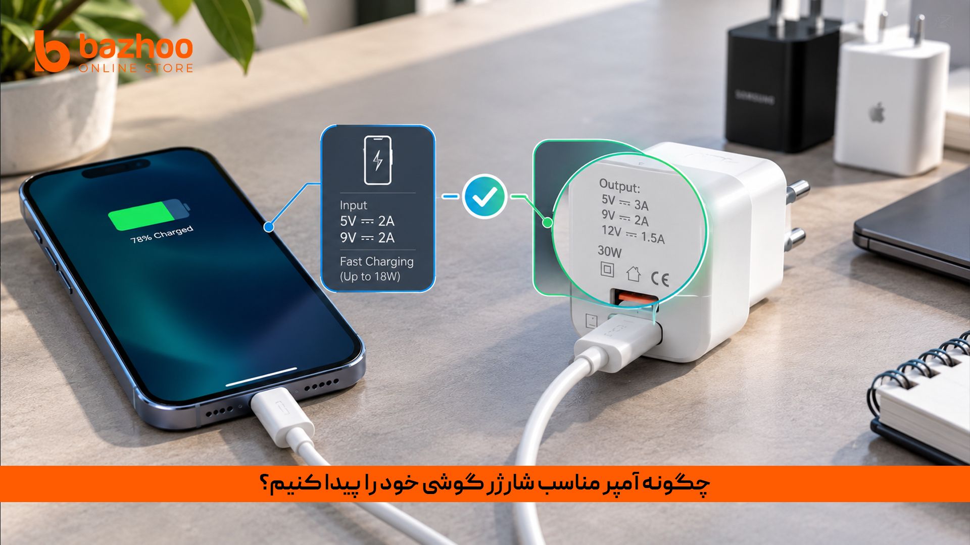 پیدا کردن ولتاژ و آمپر شارژر روی بدنه آداپتور گوشی