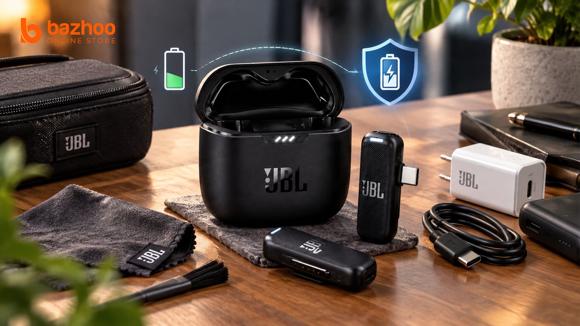 کیس شارژ باز میکروفون بی‌سیم JBL با چراغ‌های نشانگر وضعیت شارژ، کابل و بسته رطوبت‌گیر